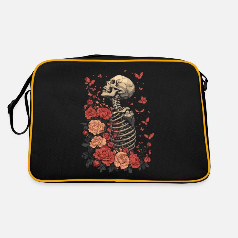 Skelett Blumen - Retro Tasche - Schwarz/Gold