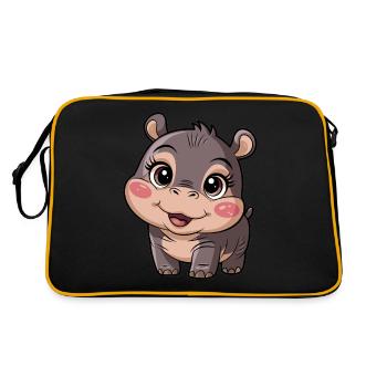 Niedlicher Moo Deng Hippo mit großen Augen - Retro Tasche - Schwarz/Gold - Hinten