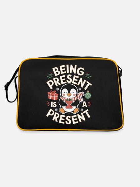 Being present is a gift penguin motif - Retro Bag - black/gold - Back