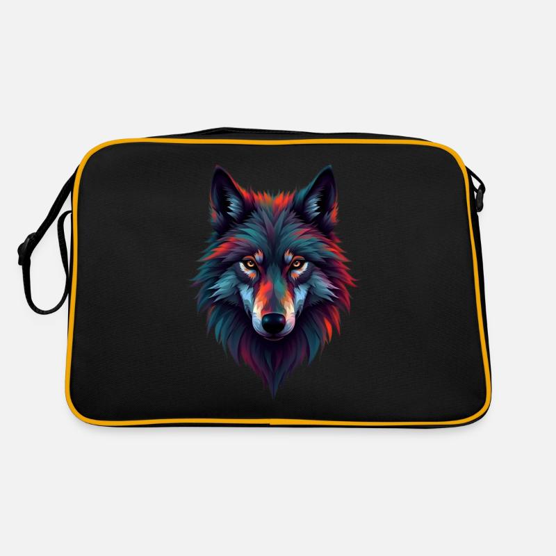 Wolf Kunst in Bunt Tier Motiv Kunst Wolf - Retro Tasche - Schwarz/Gold