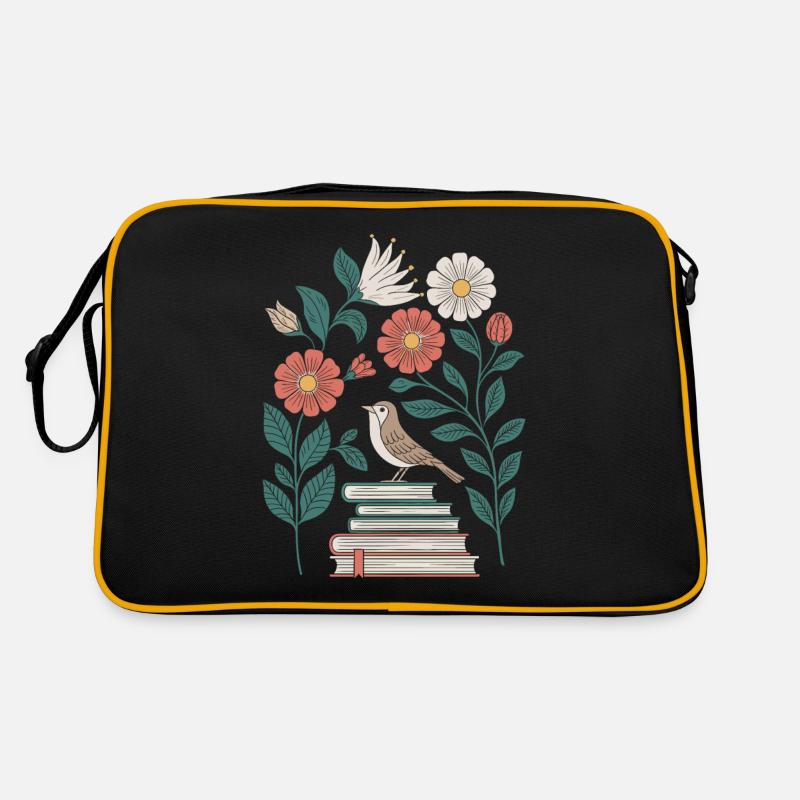 Cottagecore: Vogel und Blumen auf Büchern Retro Tasche