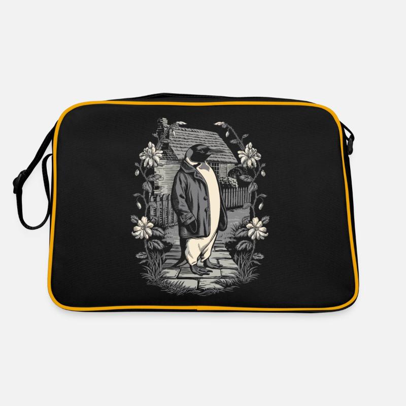 Dunkle Cottagecore Ästhetik mit Elegantem Pinguin - Retro Tasche - Schwarz/Gold
