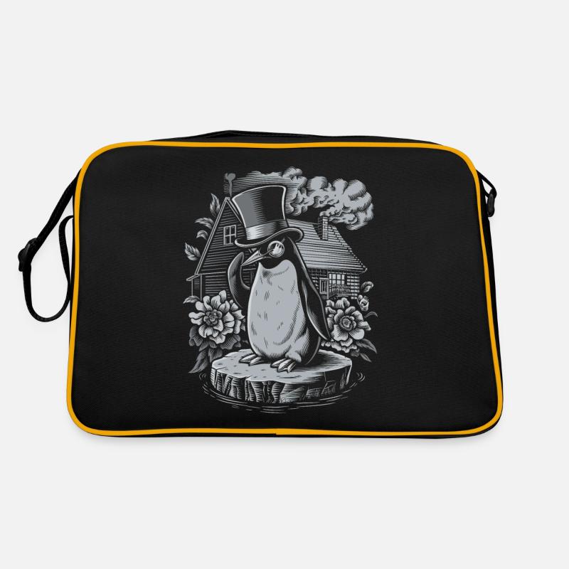 Dunkle Cottagecore Pinguin mit Zylinder - Retro Tasche - Schwarz/Gold