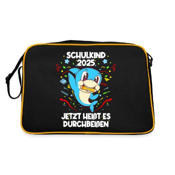 Einschulung 2025 Hai Schulkind Schuleinführung - Retro Tasche - Schwarz/Gold - Hinten