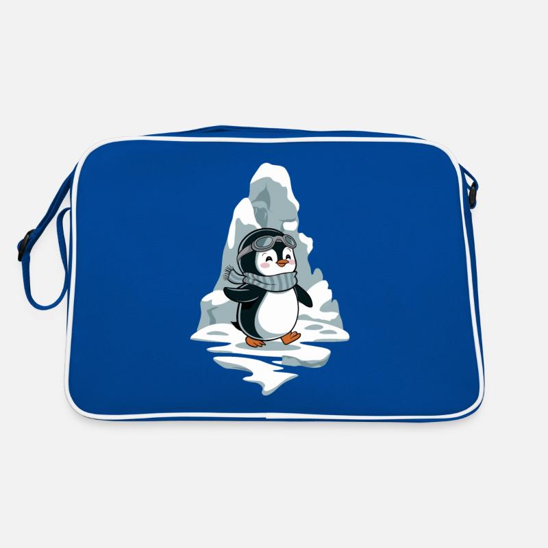 Pingouin joyeux avec écharpe et lunettes devant Sac Retro