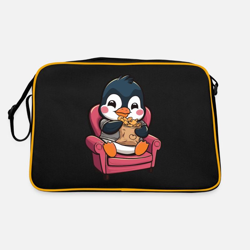 Süßer Pinguin mit Snacks auf Sessel Retro Tasche