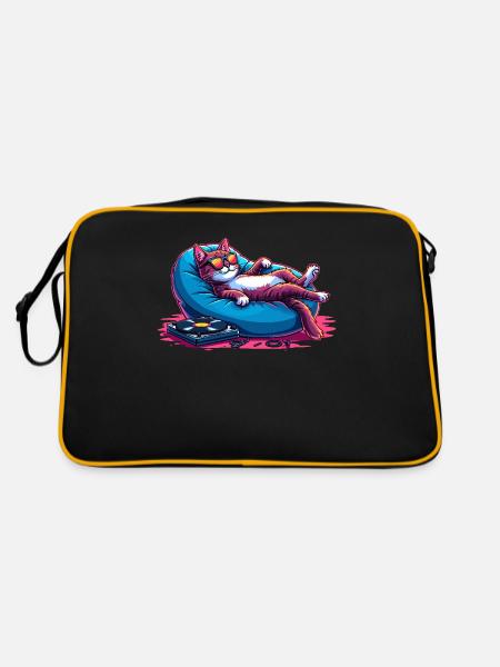 Katze & Musik, Bunte Digitale Kunst Katze - Retro Tasche - Schwarz/Gold - Hinten