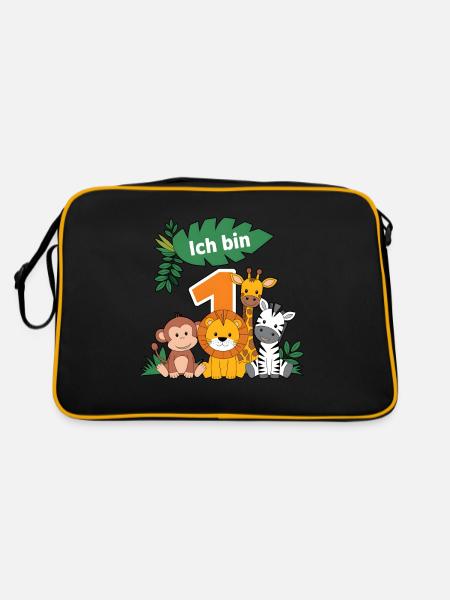 1. Geburtstag 1 Jahr Dschungel Tiere Löwe Giraffe - Retro Tasche - Schwarz/Gold - Hinten