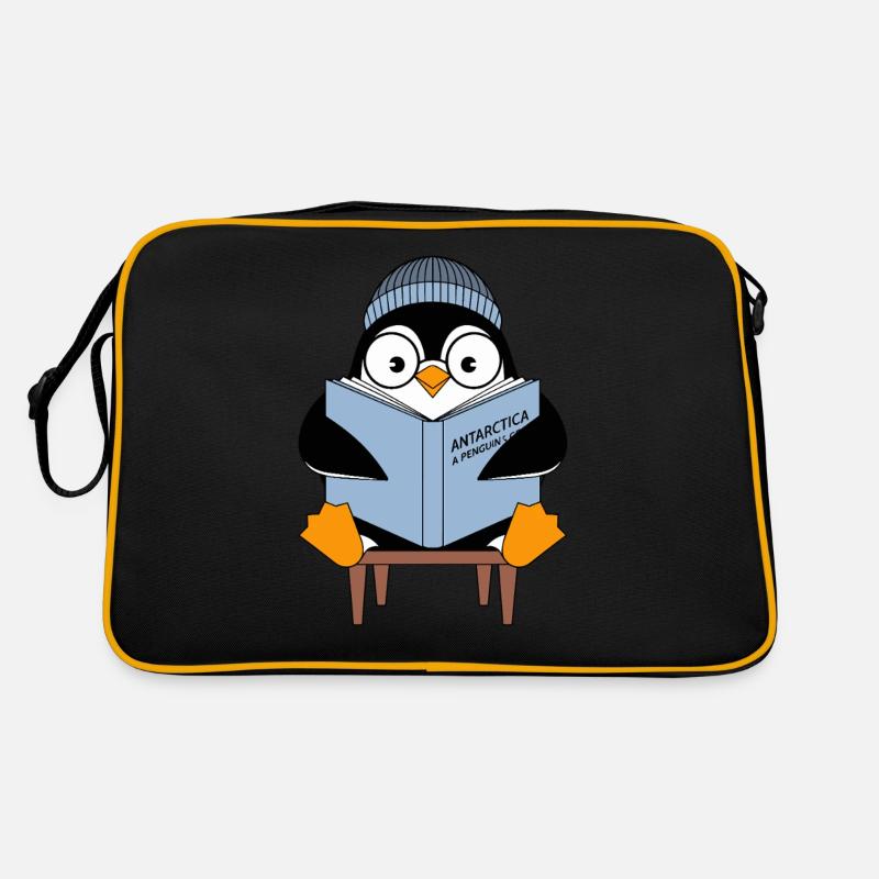 Pingouin mignon avec le livre 'Antarctica : A Penguin Sac Retro