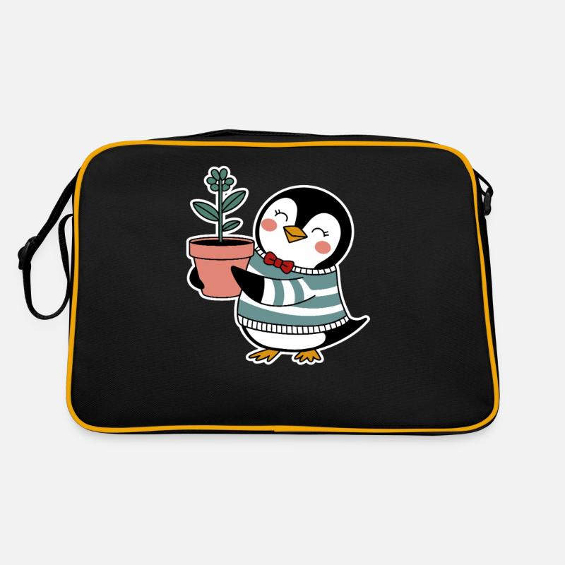 Fröhlicher Pinguin Gärtner mit Blume - Retro Tasche - Schwarz/Gold