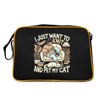 Ich will nur stricken und meine Katze streicheln - Retro Tasche - Schwarz/Gold - Hinten