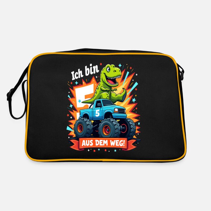 Dinosaurier 5. Geburtstag Monstertruck - Retro Tasche - Schwarz/Gold