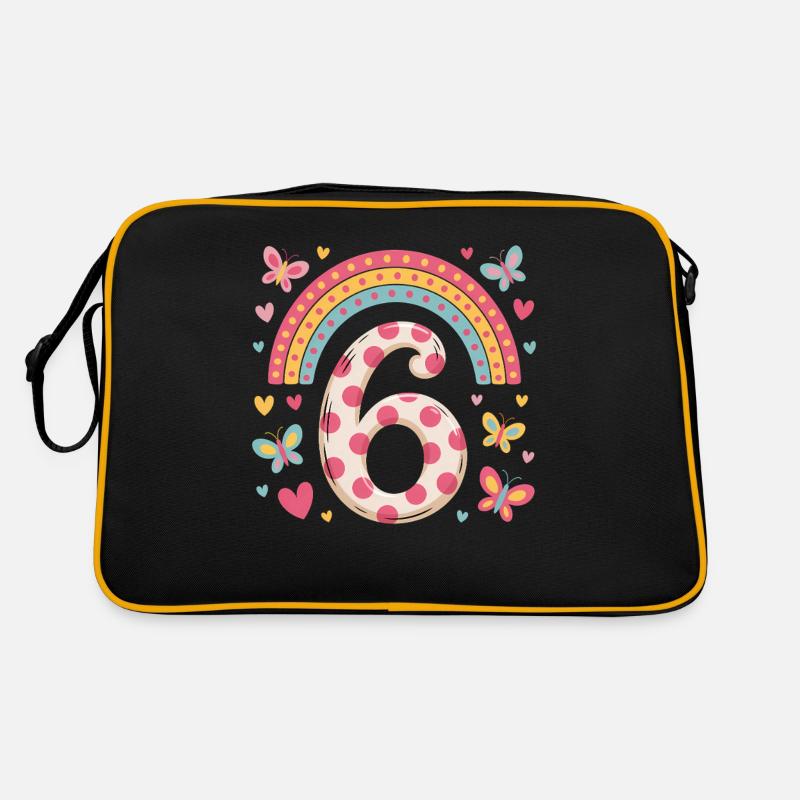 Regenbogen Schmetterling 6. Geburtstag Mädchen - Retro Tasche - Schwarz/Gold