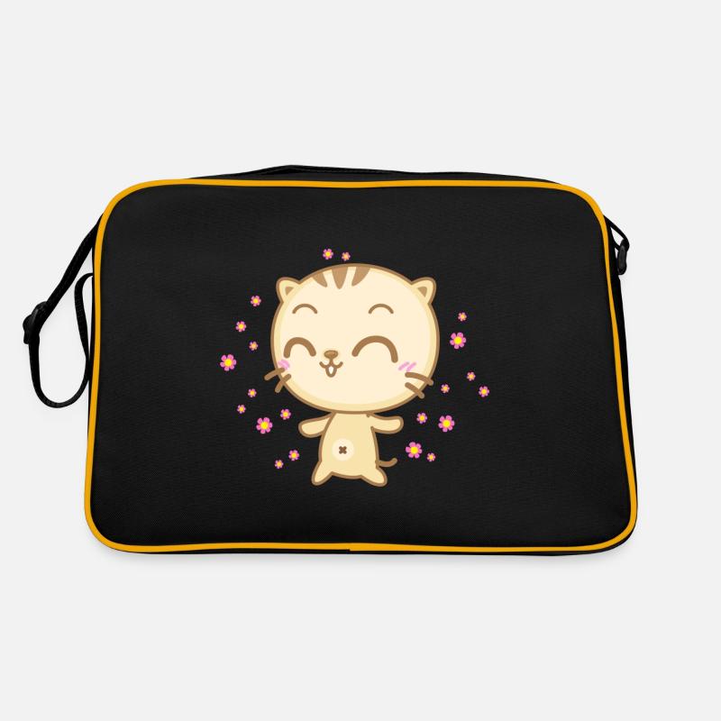 Nette Anime Katze mit Blumen die vom Himmel regnen - Retro Tasche - Schwarz/Gold