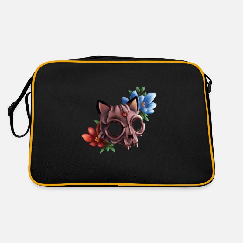 Katzenschädel mit Blumen - Retro Tasche - Schwarz/Gold