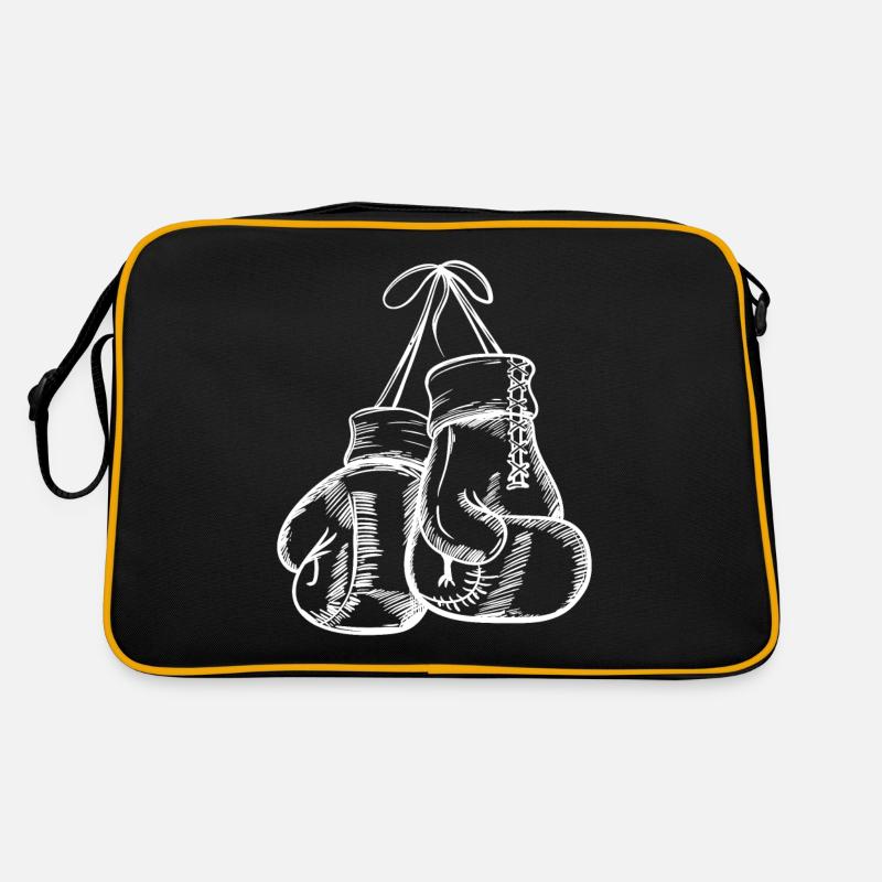 Weiße Linien Boxhandschuhe - Retro Tasche - Schwarz/Gold
