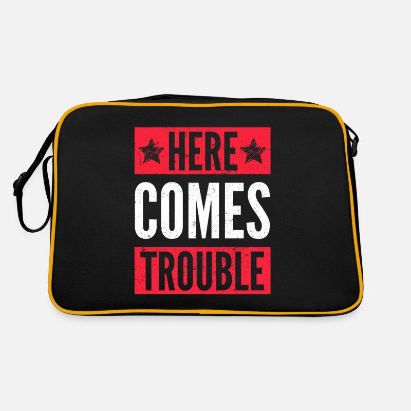Here comes trouble Ärger Statement Spruch Humor Retro Tasche