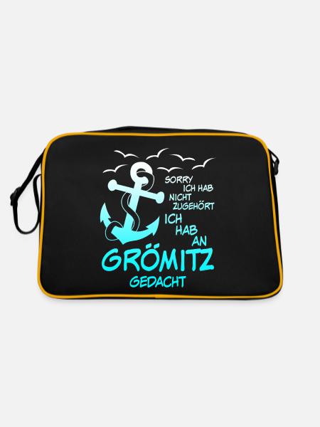 Grömitz Spruch mit Anker - Retro Tasche - Schwarz/Gold - Hinten