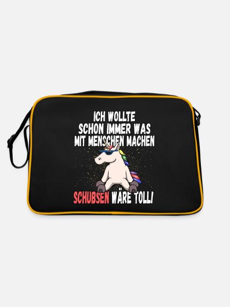 "Was mit Menschen machen" - lustig Einhorn Spruch - Retro Tasche - Schwarz/Gold - Hinten