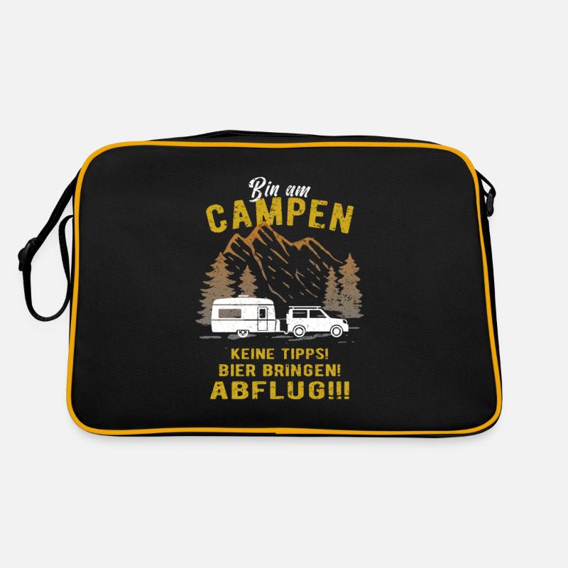 Wohnwagen - Bin am Campen - Lustig - Retro Tasche - Schwarz/Gold