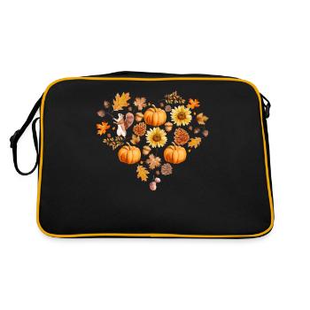 Kürbis Herbstblätter Zapfen Herz Eicheln - Retro Tasche - Schwarz/Gold - Hinten