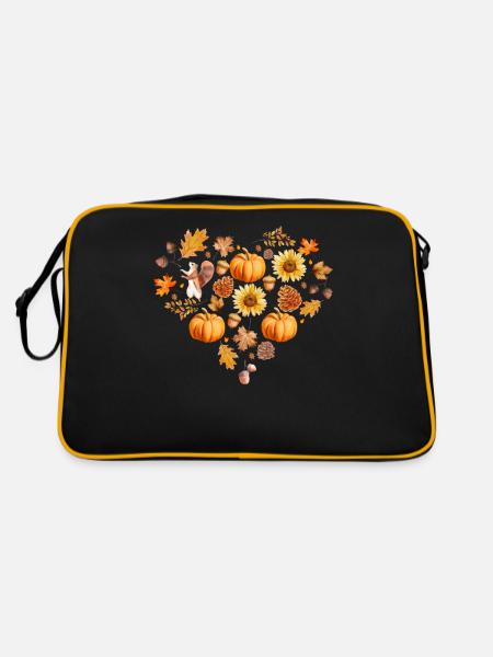 Kürbis Herbstblätter Zapfen Herz Eicheln - Retro Tasche - Schwarz/Gold - Hinten