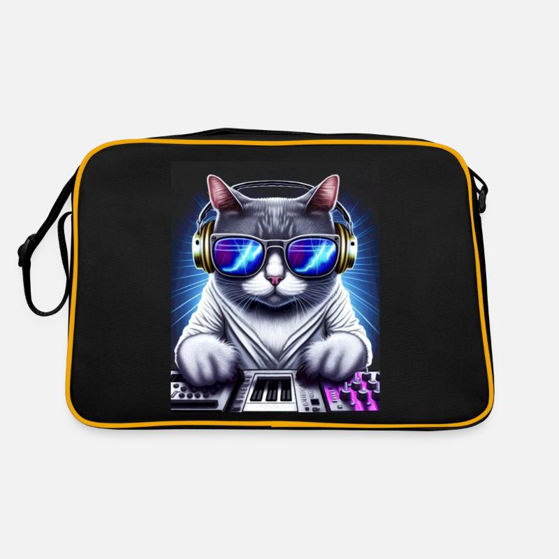 Cat DJ mit Kopfhörern und Brille auf Synthetizer - Retro Tasche - Schwarz/Gold