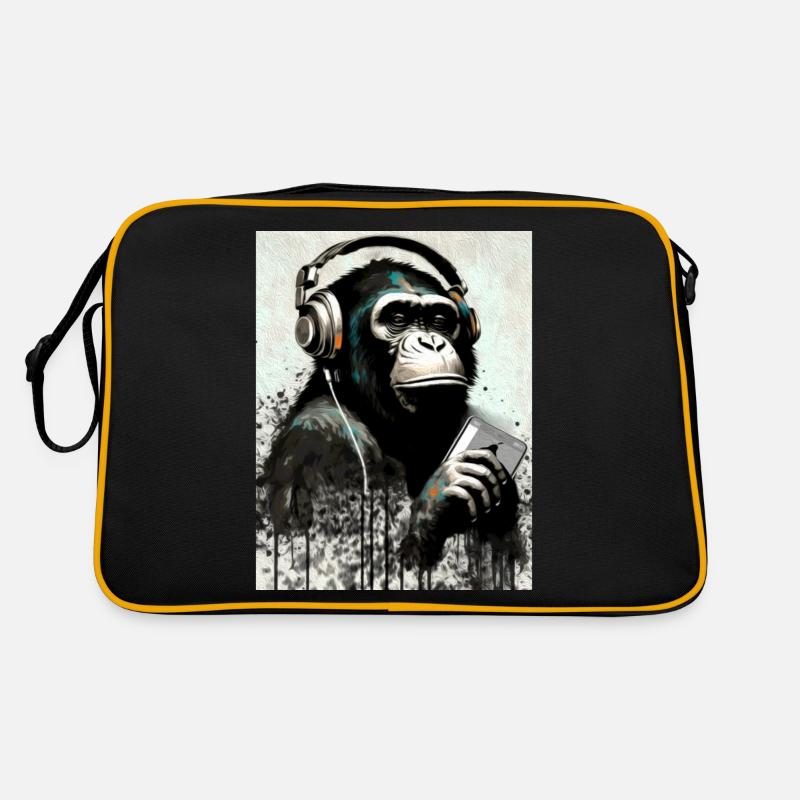 Schimpanse mit Kopfhörer Smarphone - Retro Tasche - Schwarz/Gold