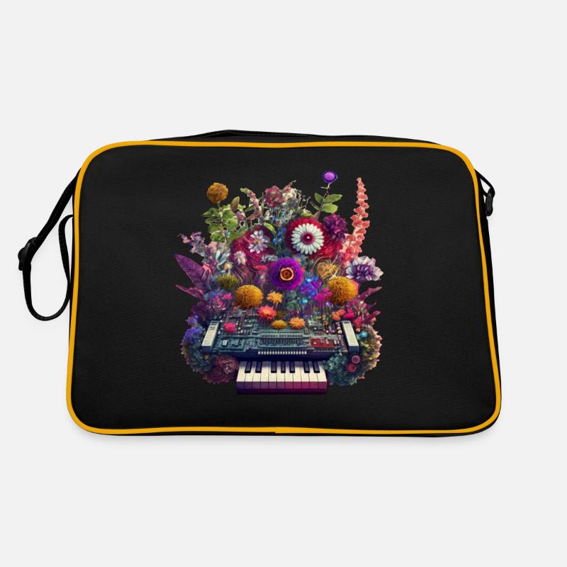Synthétiseur floral Illustration complexe de fleur DJ - Sac Retro - noir/or