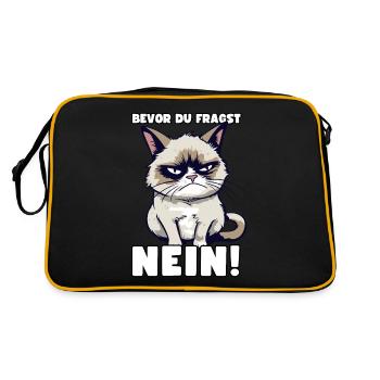 Grump Cat - Bevor Du Fragst Nein! Zynischer Spruch - Retro Tasche - Schwarz/Gold - Hinten