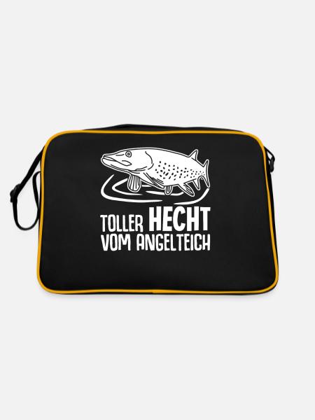Hecht Angeln Fisch Angel Angler Fischer - Retro Tasche - Schwarz/Gold - Hinten