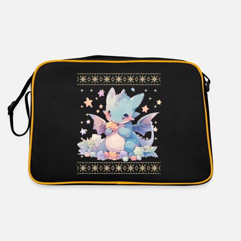 Kawaii Drachen im Ugly Christmas Sweater Style - Retro Tasche - Schwarz/Gold