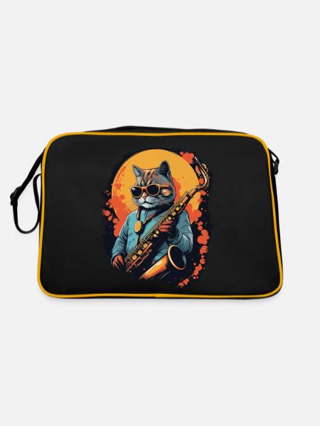 Funny Cat Playing Saxophone Music - Retro Bag - black/gold - Back