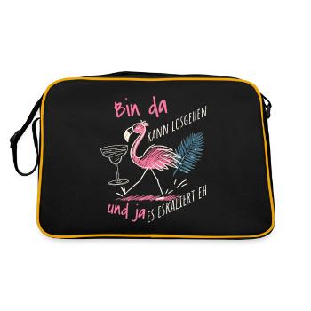 'Bin da kann losgehen' Flamingo Design Mädelsabend - Retro Tasche - Schwarz/Gold - Hinten