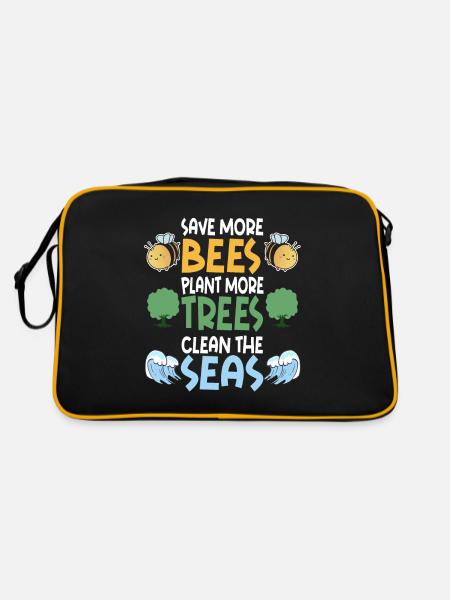 Save More Bees Plant More Trees Clean The Seas - Retro Tasche - Schwarz/Gold - Hinten