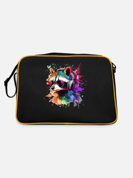 Bunter Zocker Waschbär mit Headset - Retro Tasche - Schwarz/Gold