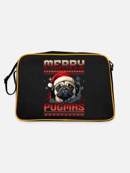 Merry Pugmas Ugly Christmas Pug Santa Hat - Retro Bag - black/gold - Back