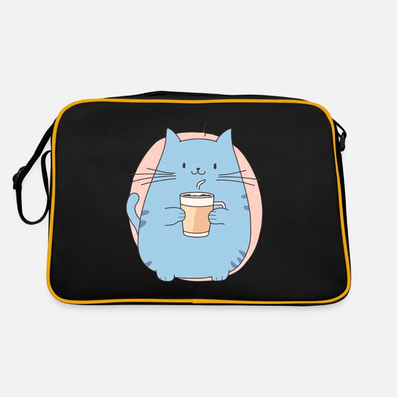 Blaue runde Kawaii Katze mit Kaffeebecher Retro Tasche
