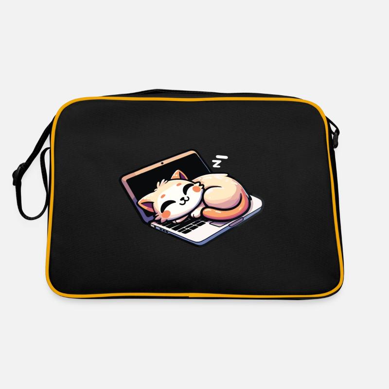 Katze schläft am Laptop - Retro Tasche - Schwarz/Gold