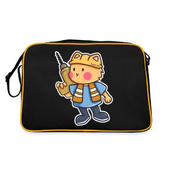 Katze Bohrmaschine Baustelle Helm Kinder Geschenk - Retro Tasche - Schwarz/Gold - Hinten