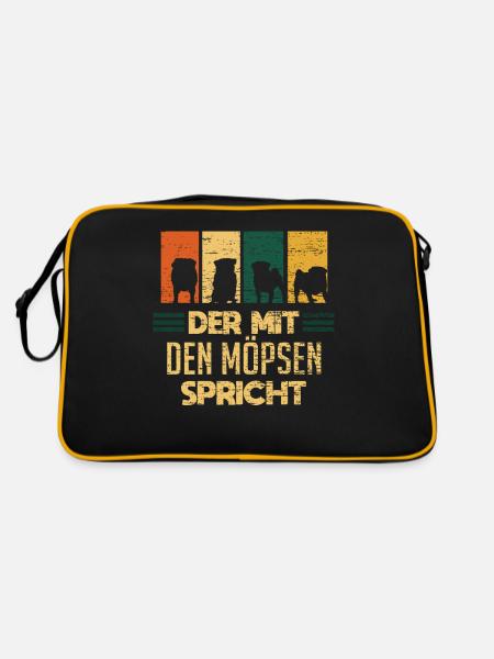 Mops Möpse Hund - Retro Tasche - Schwarz/Gold - Hinten