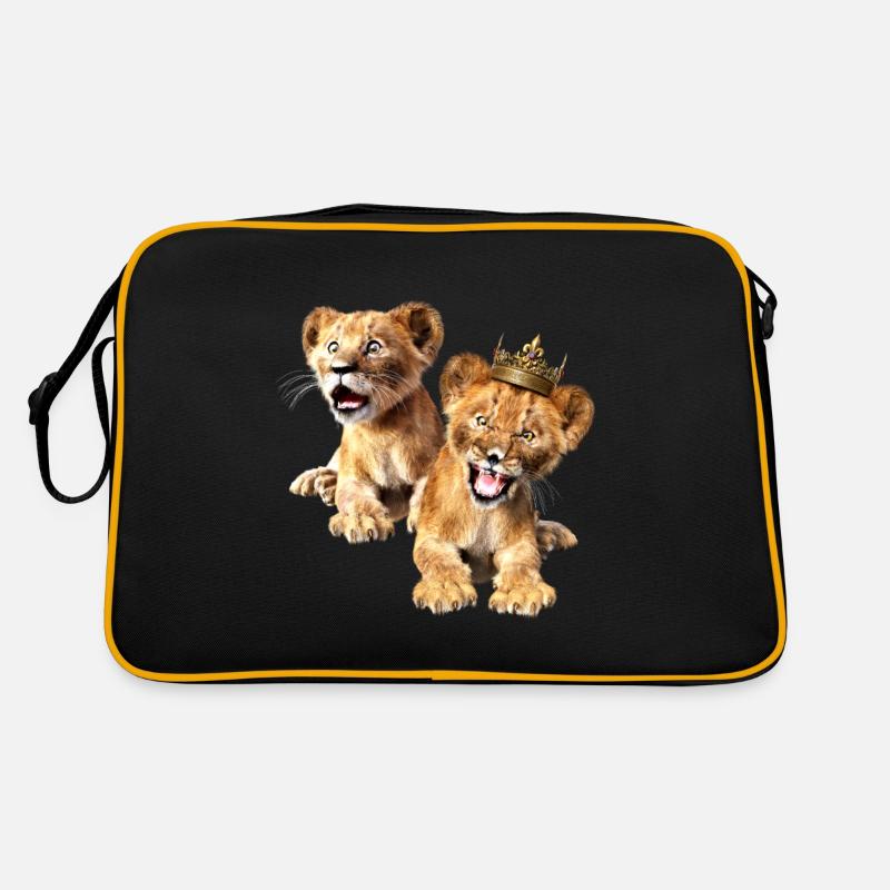 2 kleine Löwen, Löwenkinder, Löwenbabies - Retro Tasche - Schwarz/Gold