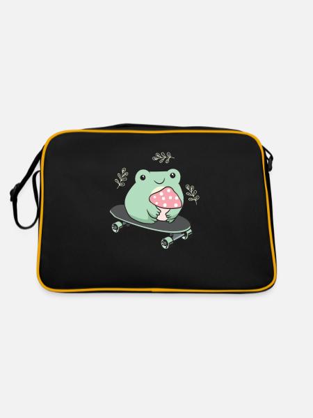 Cottagecore Aesthetic Kawaii Skateboarding Frog - Retro Bag - black/gold - Back