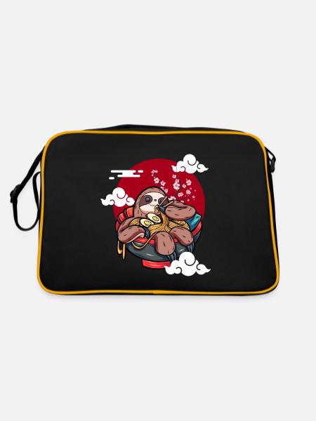 Lustiges Faultier Isst Ramen Kawaii Japanische - Retro Tasche - Schwarz/Gold - Hinten