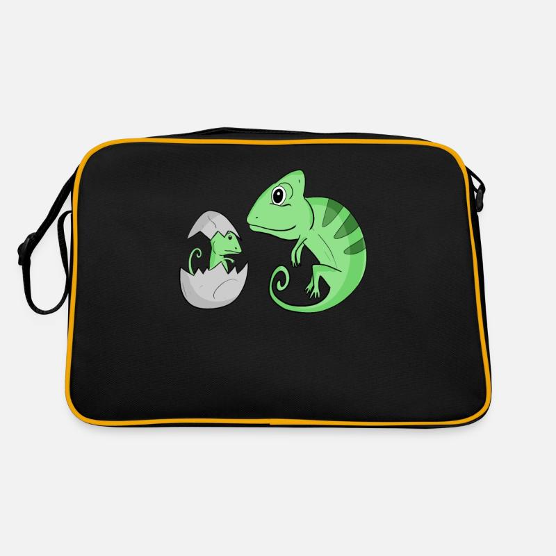 Chamäleon mit Baby Chamäleon - Retro Tasche - Schwarz/Gold