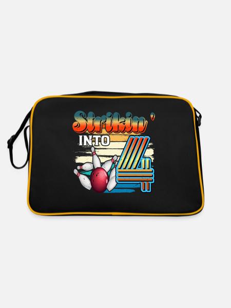 Strikin' Into 4 Bowling Bowler 4. Geburtstag Feier - Retro Tasche - Schwarz/Gold - Hinten
