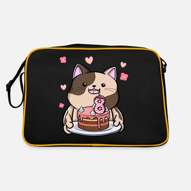 Un chat potelé tient un gâteau d’anniversaire 8. Sac Retro