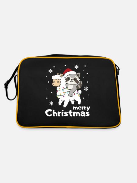 Waschbär Lama Alpaka Weihnachten Winter Tiere - Retro Tasche - Schwarz/Gold - Hinten