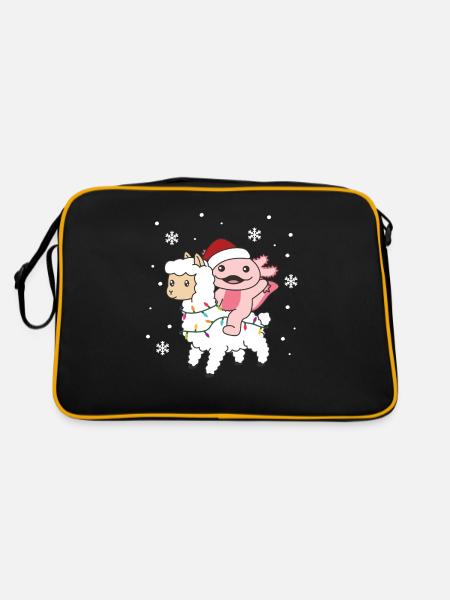 Axolotl Lama Alpaka Weihnachten Winter Tiere - Retro Tasche - Schwarz/Gold - Hinten