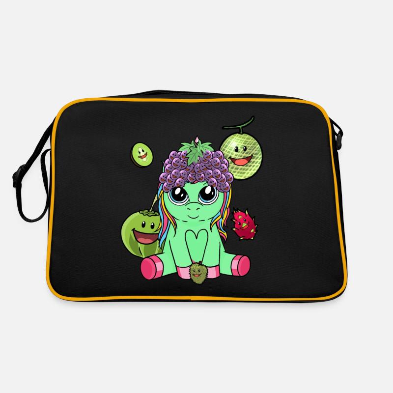 Fabelwesen Einhorn exotisch Obst Früchte Vitamine - Retro Tasche - Schwarz/Gold
